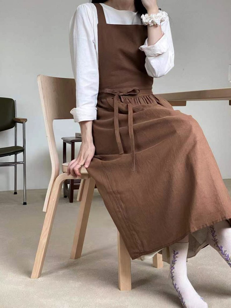 Caatoor Cute Retro Cotton Linen X-Back Aprons Home Kitchen Garden Art Painting Pinafore Florist Shop Overalls (Dark Brown, 42" L)