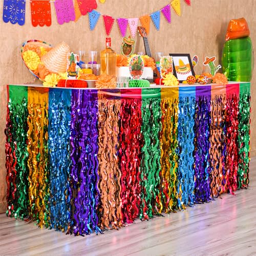 Fiesta Metallic Foil Fringe Table Skirts, 2 Pack Mexican Party Decorations