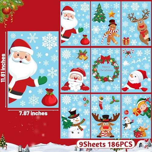 186 PCS Christmas Window Clings - Santa, Snowman & Snowflakes