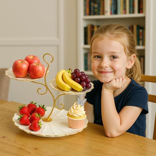 Zosebffej 3 - Tier Golden Decorative Fruit Basket Stand - Elegant Kitchen Centerpiece for Desserts & Snacks - Stylish Display Rack for Countertop & Table - Perfect for Parties & Holidays (Ivory)