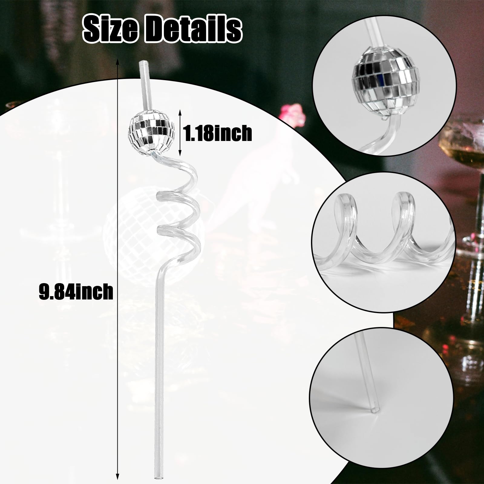 26 Pcs Mirror Disco Ball Straws Plastic Cocktail Drinks Straws Reusable 70s Favor Decorative Straw for Bachelorette Party Decorations Birthday Use (silver)