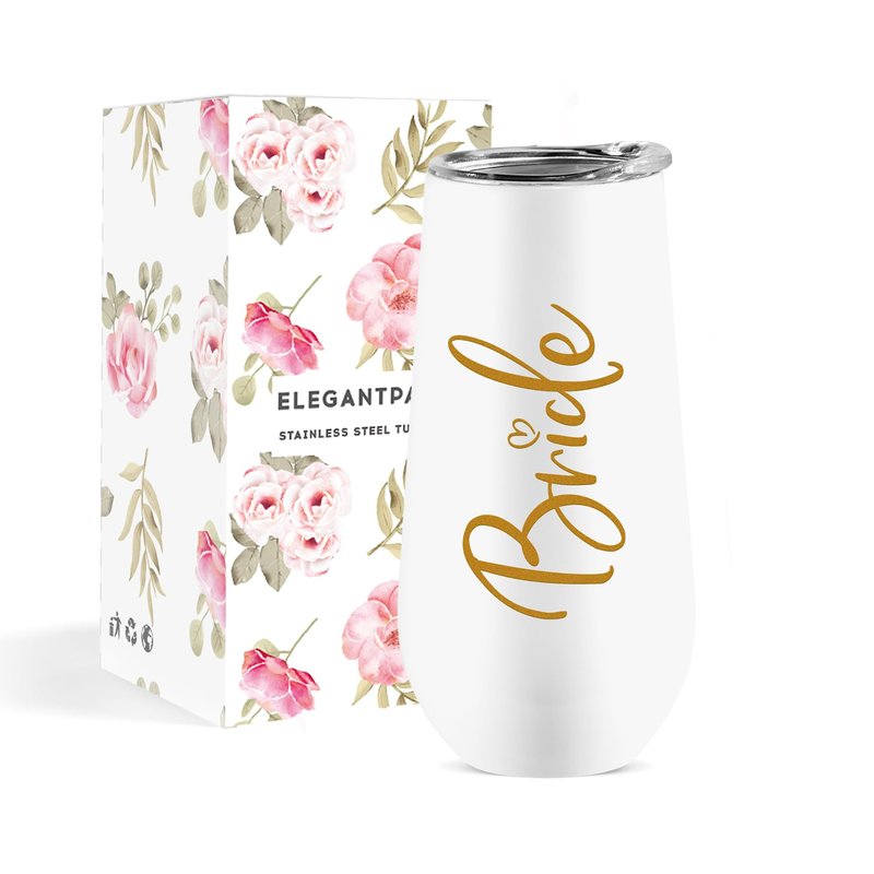 ELEGANTPARK Wedding Gifts for Bride Champagne Flutes Tumbler Wedding Engagement Gifts for Bride Wifey Mrs Bridal Party Stainless Steel Cup with Lid White 10 OZ