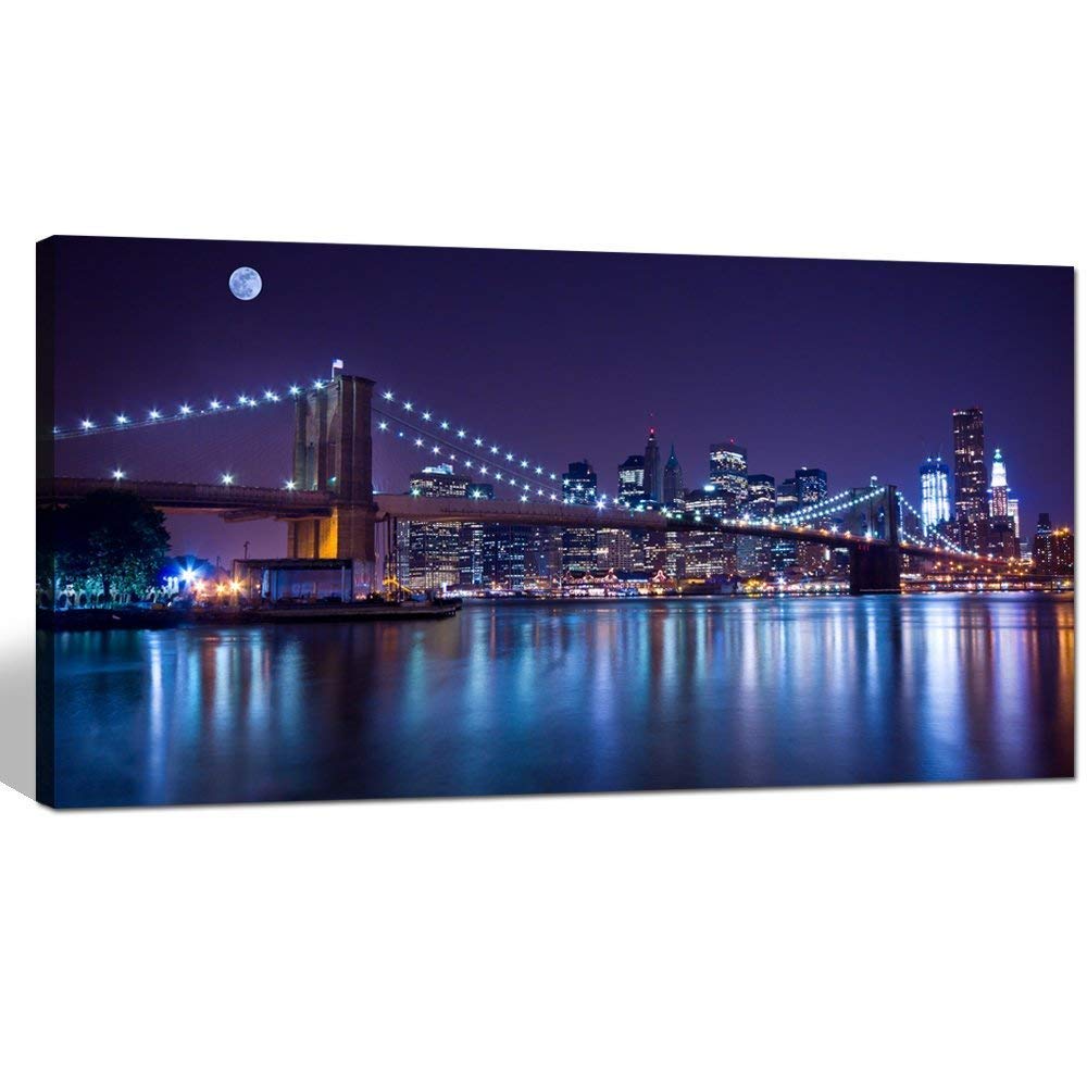 sechars - Brooklyn Bridge Canvas Wall Art Modern New York City Picture Print Manhattan Skyline with Full Moon Painting for Home Office 24"x48"