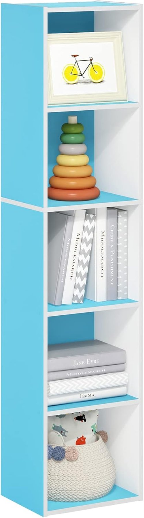 Furinno PASIR 5-Tier Modern Bookshelf - Easy Assembly Open Shelves Bookcase in Light Blue/White | 9 x 12 x 52 Inches