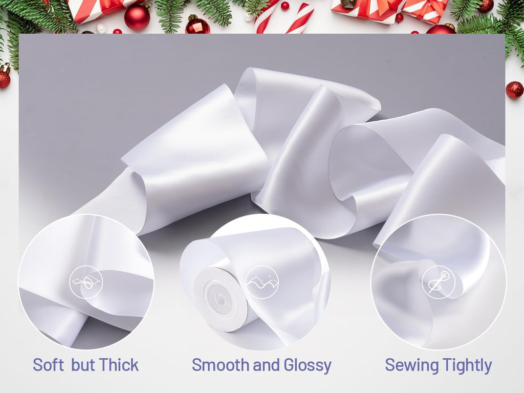 White Satin Ribbon - 4 Inch Wide Double Face for Gift Wrapping & Wedding Decor | 10 Yards
