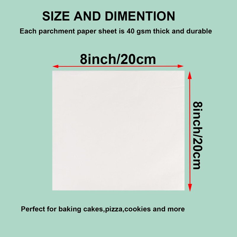 8x8 Inch Unbleached Parchment Paper for Baking Burgers, 200pcs Precut Parchment Paper Sheets, Heavy Duty Flat Baking Paper, Half Sheet Baking Sheets for Baking Cookies, Cooking, Air Fryer, Oven/Brown