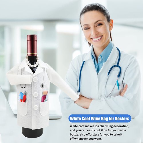 LOMIMOS White Wine Women Doctor Coat, Felt Ceremony Wine Wrapping Cover with Syringe Capsules Necklace for Graduation Retirement Medical Practitioner