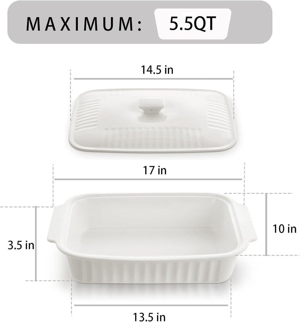 Regine Switzerland Large Baking Dish - 5.5 Quart Ceramic Lasagna Pan with Lid | Dishwasher & Microwave Safe, White