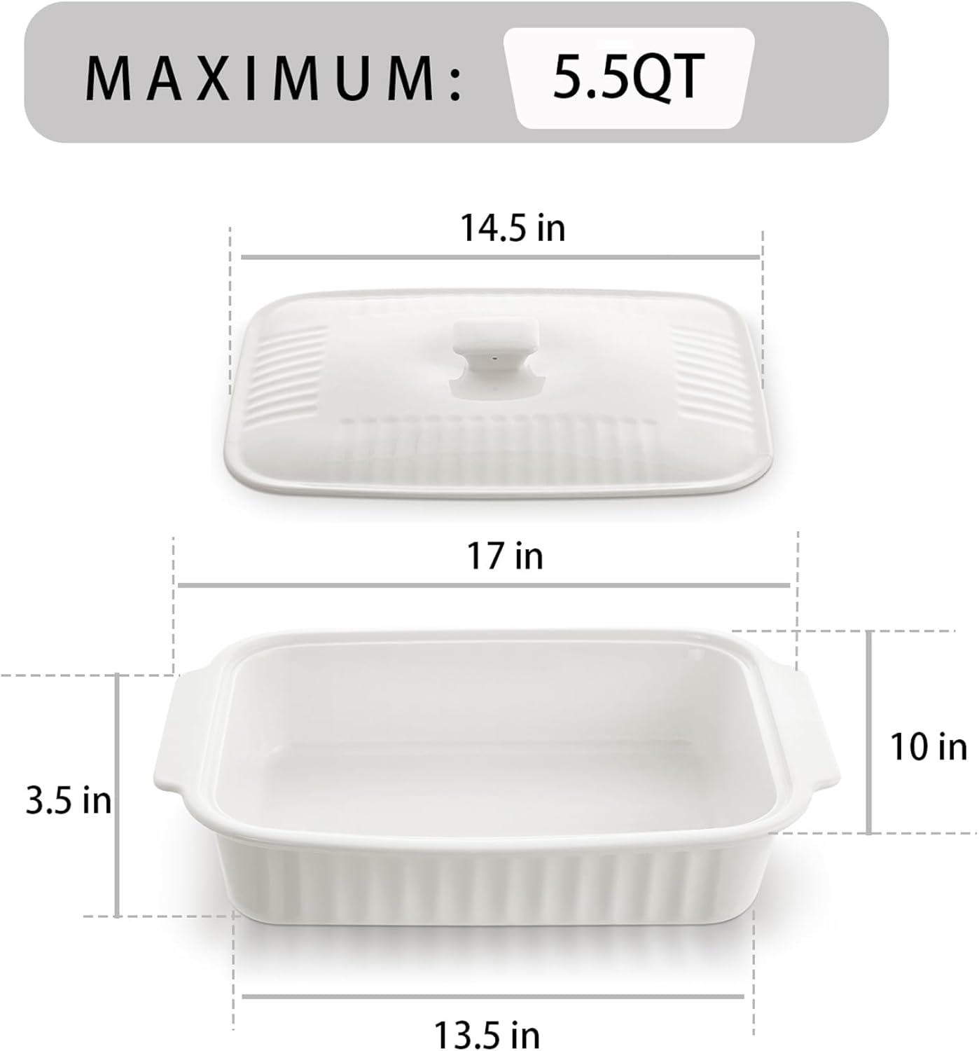 Regine Switzerland Large Baking Dish - 5.5 Quart Ceramic Lasagna Pan with Lid | Dishwasher & Microwave Safe, White