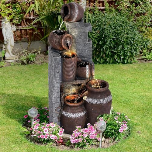 6-Tier Cascading Outdoor Water Fountain with LED Lights, Resin Garden Decor