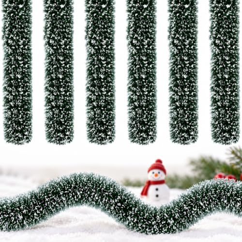 VKQ 6 Pack Christmas Village Hedges - 14 Inch Flexible Snowy Sisal Borders