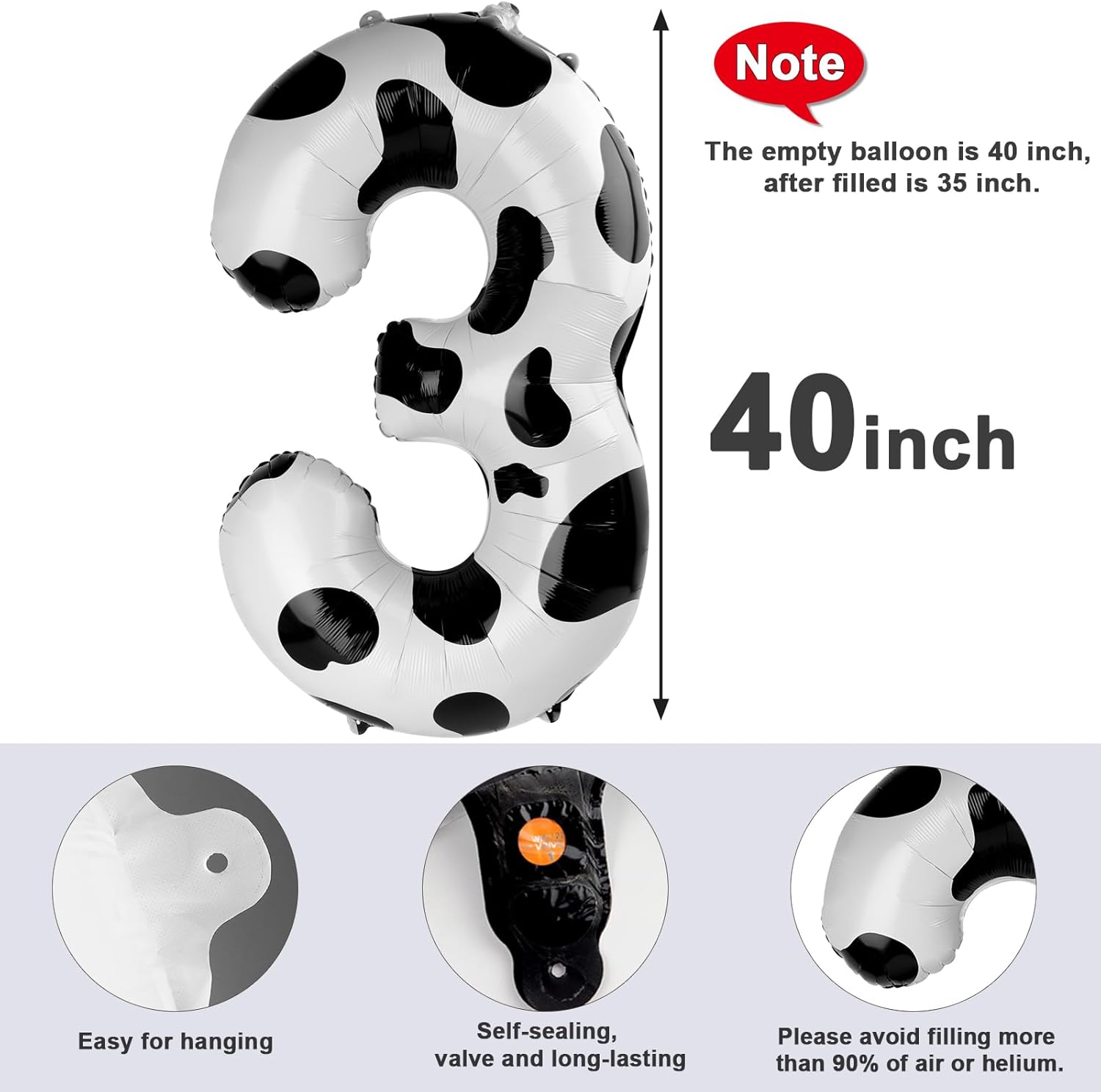 Numbers Balloon - 40 Inch Large White & Black 3 Balloon for Birthday Party Decor | Perfect for Three-Year-Old Celebrations