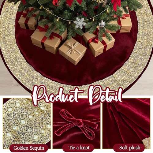 CYAOOI 72 Inch Extra Large Velvet Christmas Tree Skirt with Gold Glitter Trim