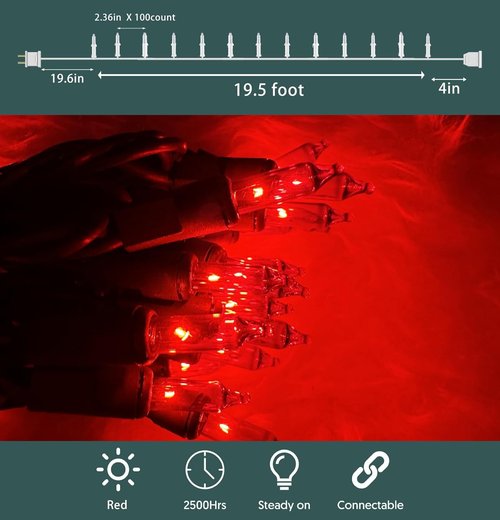 HISHINY Christmas Lights - 100 Count Red String Lights | UL Certified for Indoor & Outdoor Decor (21 Feet)