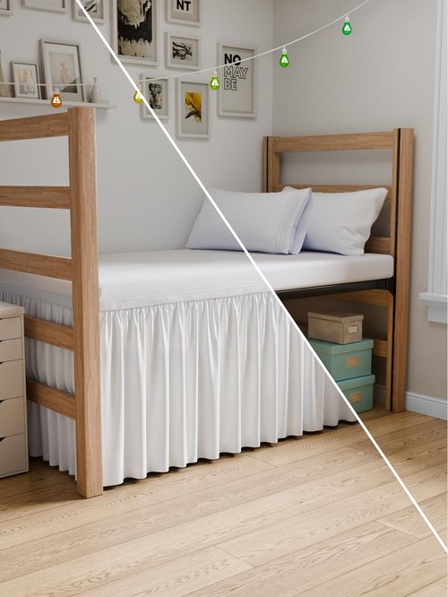 Wrap Around Dorm Room Bed Skirt - For Twin XL Size Beds w/ 34 Inch Drop - Extra Long Dust Ruffled College Bedskirt with Split Corners - Easy Fit Elastic Strap - Adjustable, Fade & Wrinkle Free - White