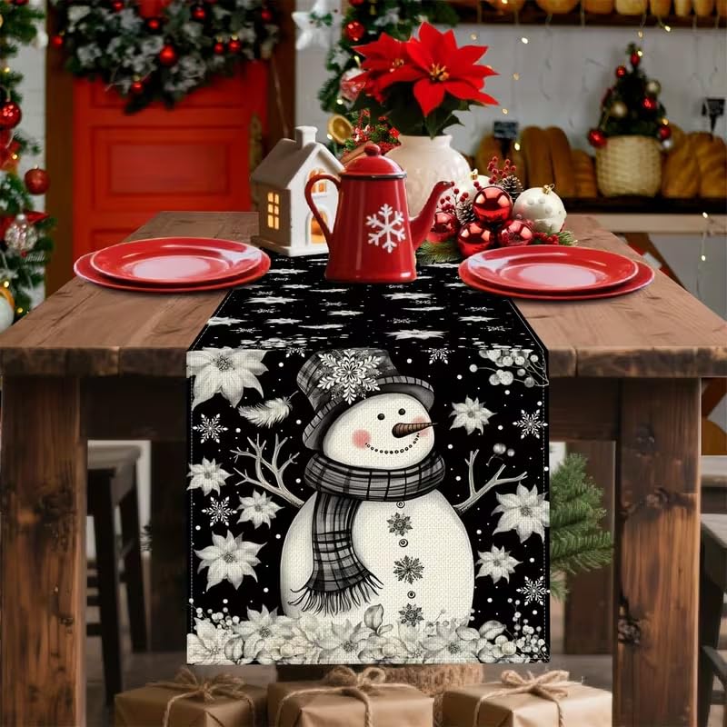 CQFusSTORE 13x36 Inch Xmas Snowman Feather White Floral Black Table Runner Seasonal Holiday Decor