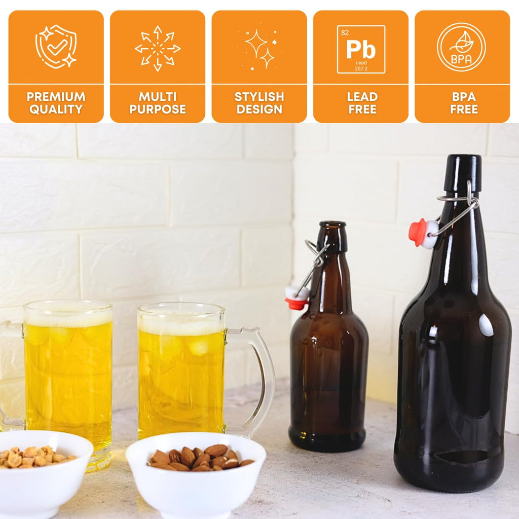 FastRack Swing Top Glass Bottles 16 oz – Pack of 6 | Amber Flip Top Glass Bottles with Airtight Lids | Resealable Grolsch-Style Fermentation Bottles for Kombucha, Beer, Mead, Soda, Vinegar & Water