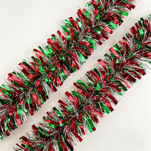 Red Green Silver Tinsel Garland 33Ft Christmas Decor Streamer - Holiday Party Decorations