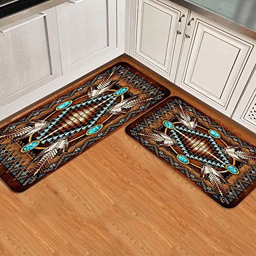 Southwestern Kitchen Rug Set of 2, Tribal Aztec Washable Anti-Fatigue Mats