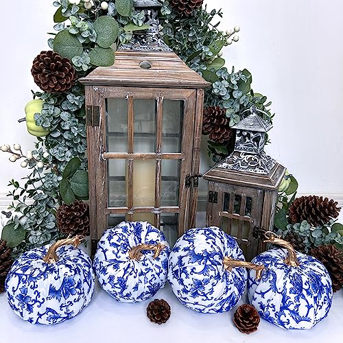 Set of 4 Blue and White Fabric Pumpkins - Chinoiserie Fall Table Decor