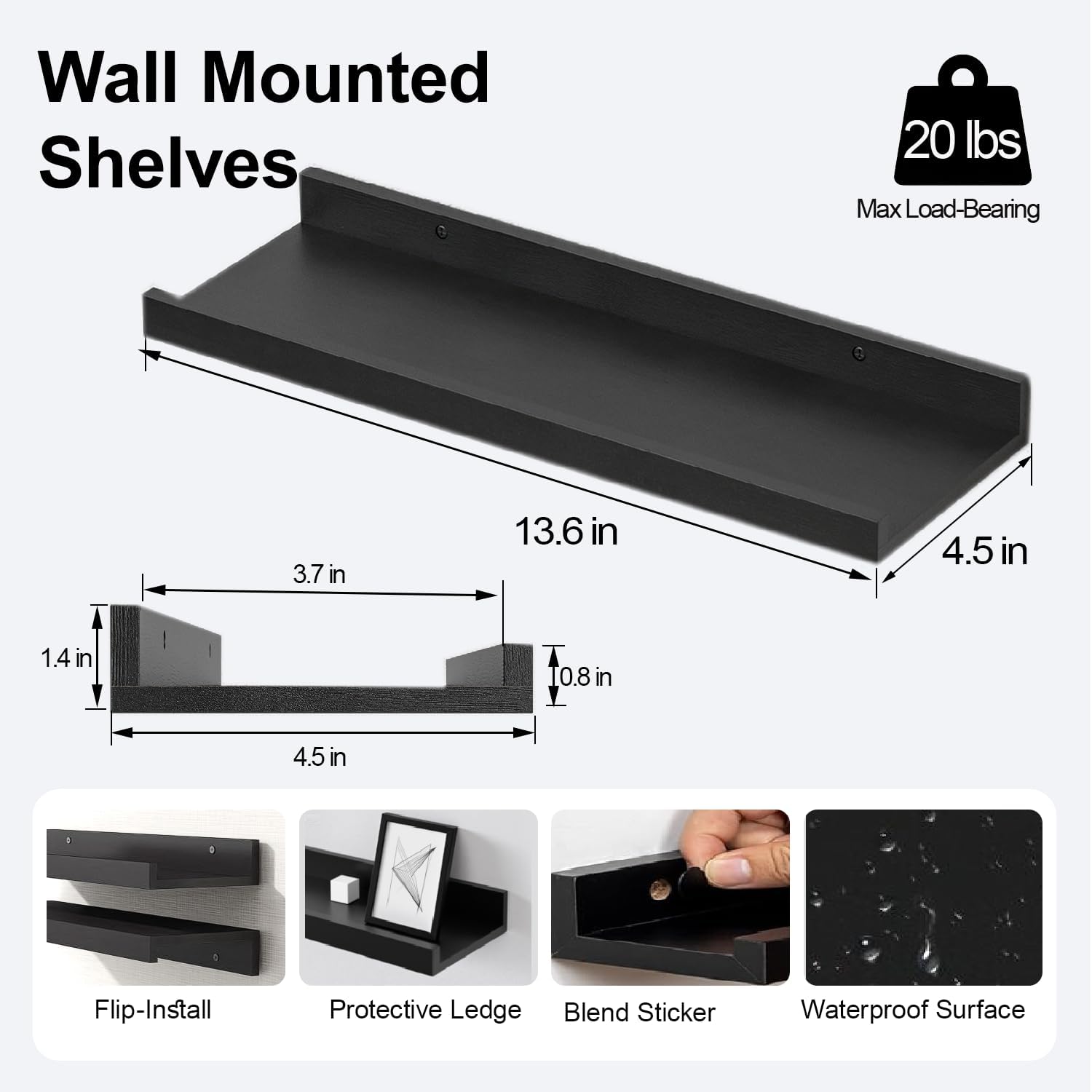 Skiennix Black Floating Shelves - Stylish Wall-Mounted Wood Storage for Home Decor | Set of 2, 14 Inches