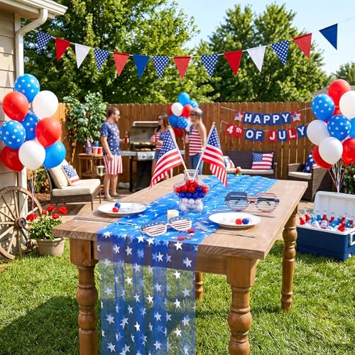Fanqisi White Star Patriotic Table Runner 29x120 Inch, 2 Pcs 4th of July USA Flag Decor