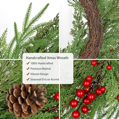 Oairse Norfolk Pine Wreath with Pinecones, Berries & Cedar - 23 Inch Indoor/Outdoor Xmas Door Decor