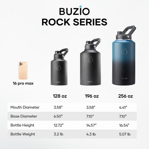 BUZIO 1.5 Gallon Water Bottle Insulated, (Cold for 48 Hrs) 196oz Large Water Jug Stainless Steel, 3.58in Big Wide Mouth Leak Proof Metal Flask with Carrying Sleeve for Camping,Gym,Travel,Indigo Crush