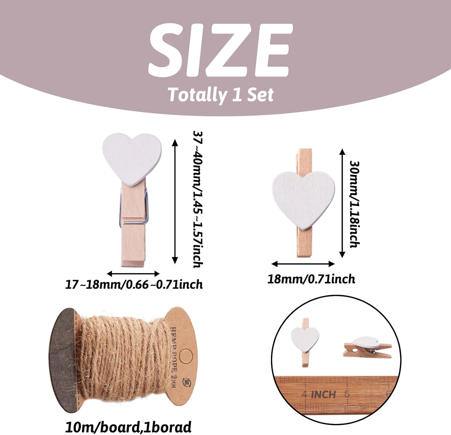Pandahall 100 Pcs White Heart Clothespins - Wooden Photo Clips with 10.9 Yards Natural Jute Twine for Home Decor