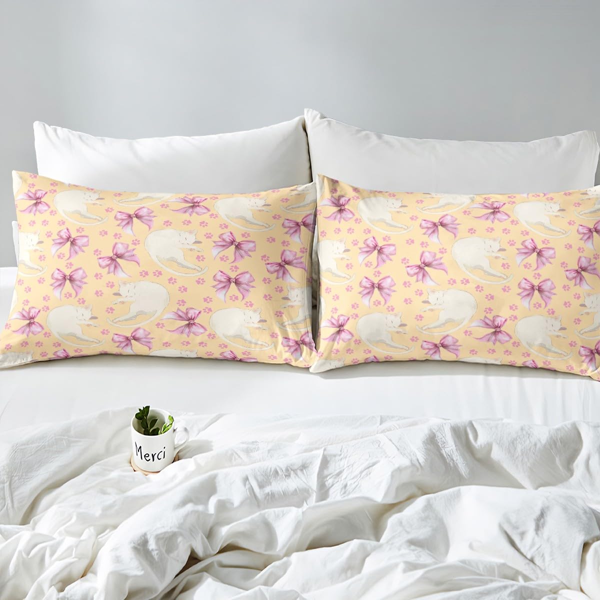 Feelyou Girl Pink Bowknot Twin Size Fitted Sheet Cute Cat Kitten Bedding Set for Kids Boys Dreamy Ribbon Bow Bed Sheet Set All Season Home Decor,2Pcs