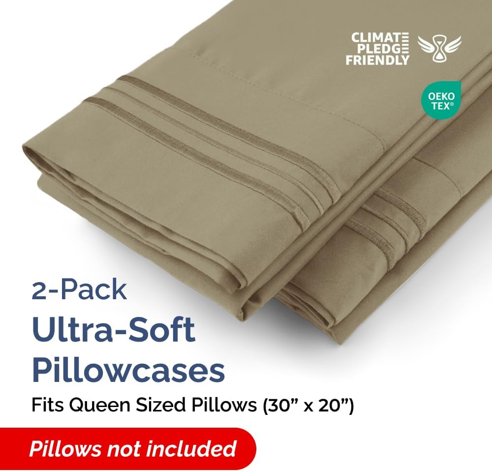 Skiennix Queen Pillow Cases Set of 2 - Ultra Soft Hotel Quality - Wrinkle Free & Stain Resistant - Khaki