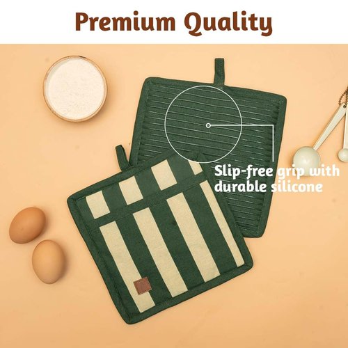 Folkulture Pot Holders for Kitchen | Pack of 2 (8x8) Ribbed Soft Silicone Hot Pads for Kitchen | 100% Cotton Cute Oven Pot Holders Set | Heat Resistant | Machine Washable | Non Slip | Matcha