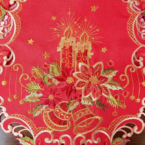 Embroidered Poinsettia Christmas Table Runner - Red Polyester, 14x54 inches