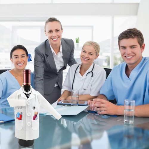 LOMIMOS White Wine Women Doctor Coat, Felt Ceremony Wine Wrapping Cover with Syringe Capsules Necklace for Graduation Retirement Medical Practitioner