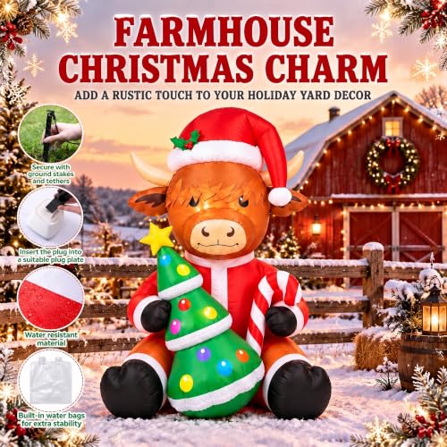 Sosation 5ft Christmas Highland Cow Inflatable with LED Lights - Santa Hat & Tree Variation