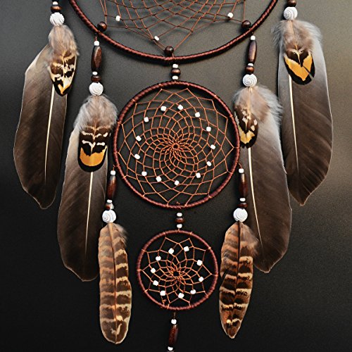 Large Three-Ring Brown Dream Catcher with Feathers and Moon Pendant