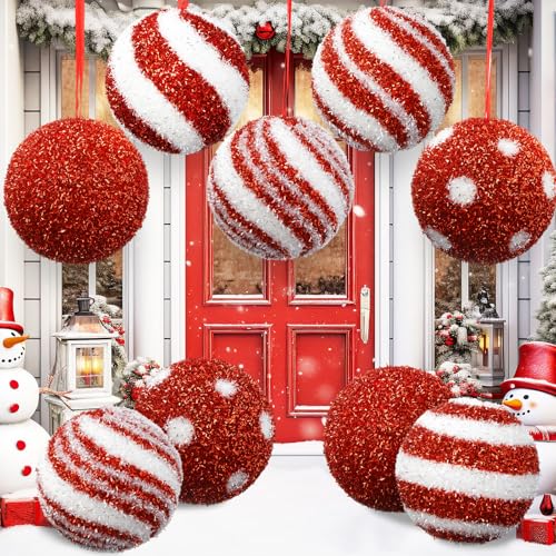 Chunful 6 Pc Jumbo 6 Inch Candy Christmas Ball Ornaments - Red & White, Glitter Tinsel