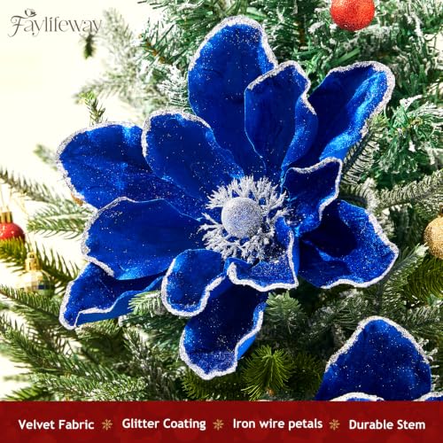 Blue 8PCS Large Christmas Magnolia Flower Decorations for Tree & Wreath