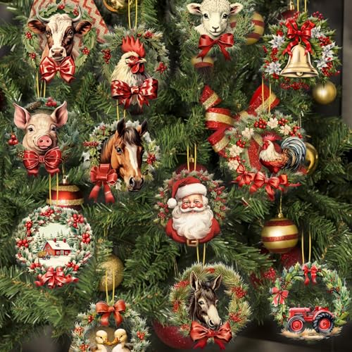 Christmas Farm Animals Wooden Ornaments - Set of 24 Holiday Tree Decorations