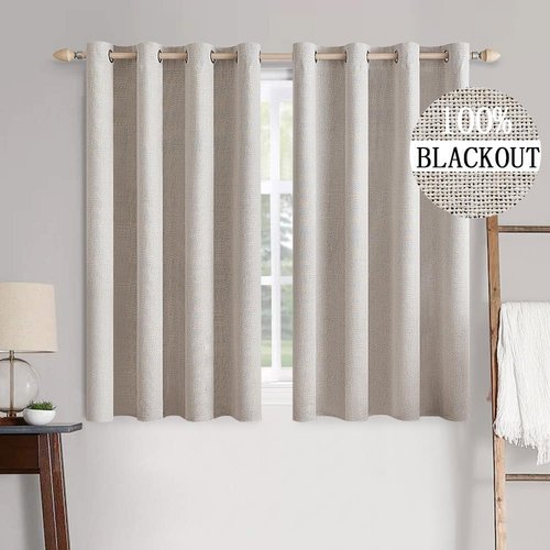 MIULEE 100% Blackout Linen Textured Curtains - Thermal Insulated Ivory Drapes | 52 x 63 Inch (2 Panels)