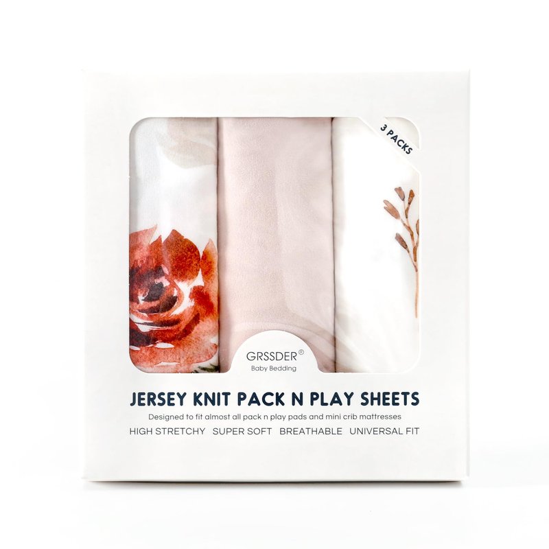 Pack n Play Sheets Fitted 3 Pack, Stretchy Ultra Soft Jersey Knit Pack and Play Sheets, Universal Fitted Portable/Mini Crib Mattresses Snug and Safe, Pretty Watercolor Rose Flora for Baby Girls
