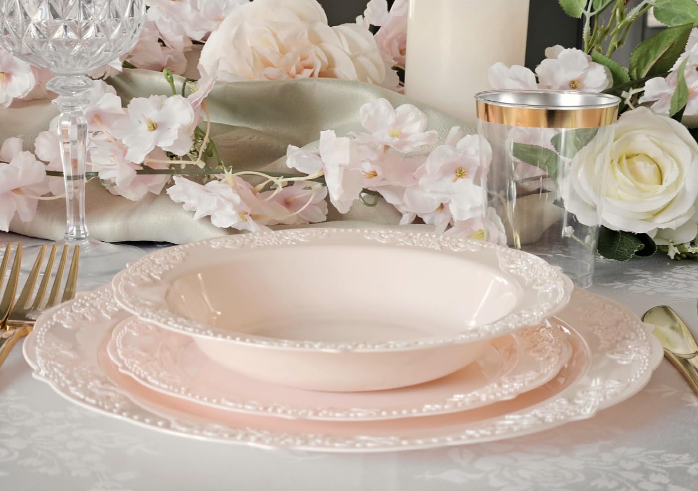 " OCCASIONS " 120 Plates Pack,(60 Guests) Vintage Wedding Party Disposable Plastic Plates Set -60x10.25'' Dinner+ 60x7.5'' Salad/Dessert Plate (Portofino Light Pink/Blush)