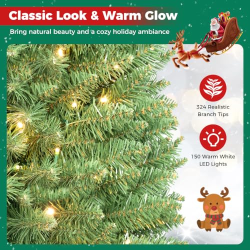 HAPPYGRILL 5ft Pre-lit Artificial Christmas Tree with Warm White LED Lights, Green Slim Xmas Tree