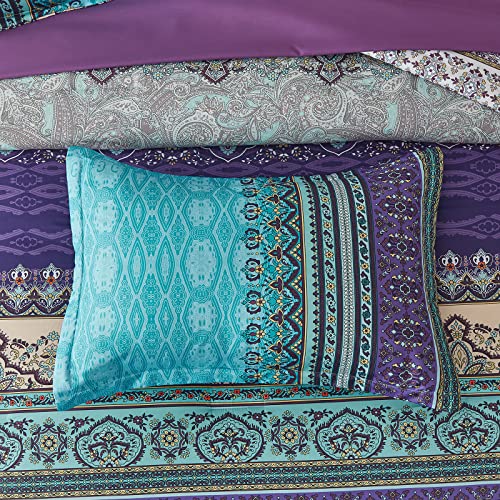 Boho Queen Comforter Set, 8 Piece Bed in a Bag Aqua Paisley Floral Microfiber