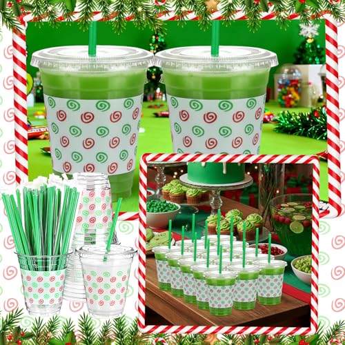 Sliner Classic 50 Pack Christmas Plastic Cups with Lids & Straws 12oz - Lime Green & Red