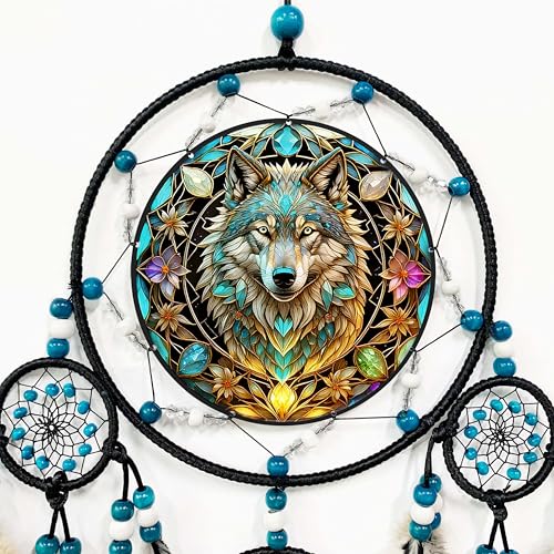 Large Handmade Wolf Dream Catcher for Wall Decor and Bedroom Hanging