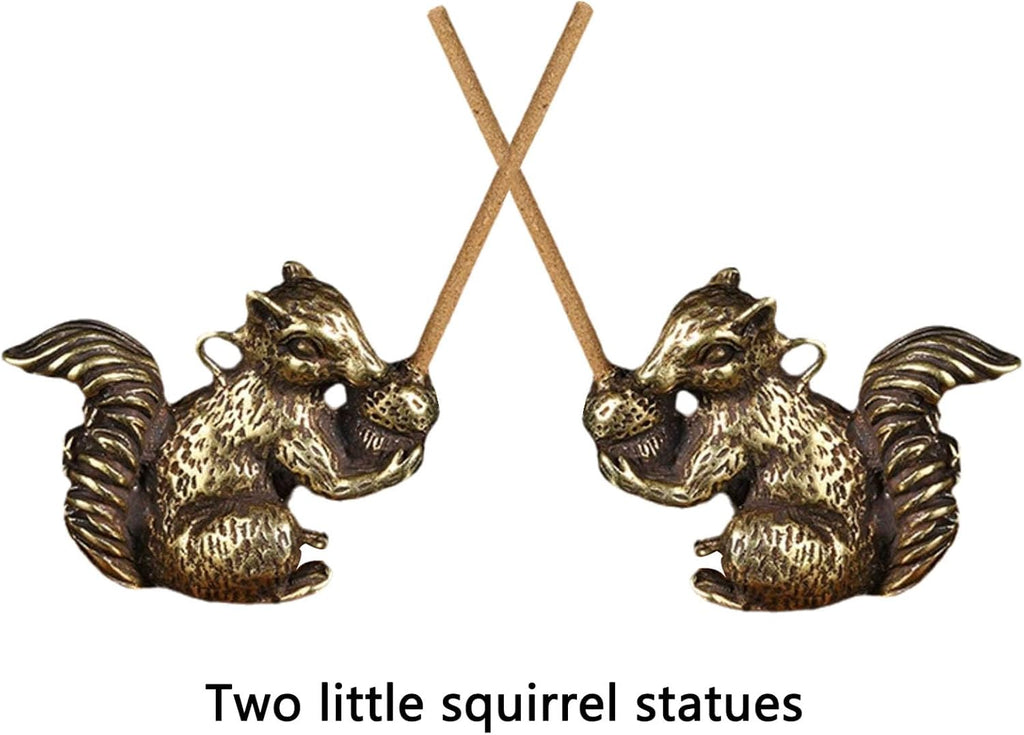Skiennix Brass Squirrel Figurines - Antique Bronze Desk Decor | 2pcs Small Incense Holders (1.6x1.2x0.6in)