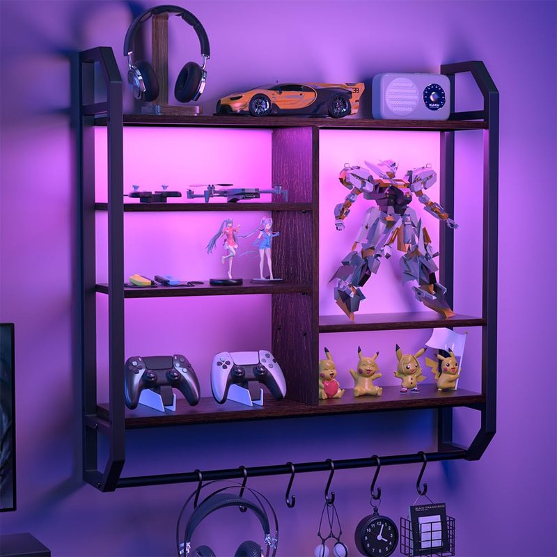 Nidouillet 34" Gaming Floating Shelves, Large LED Wall Mounted Display Shelf, Adjustable Hanging Pipe Shelf Bookshelf with Lights 6 Hooks for Game Living Room Bedroom Coffee Bar Kitchen Decor Black