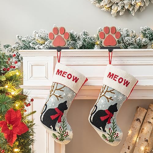 Cat Christmas Stocking 20in - Handmade Hooked Red 3D Cat Face with Gift Pocket, Glitzhome