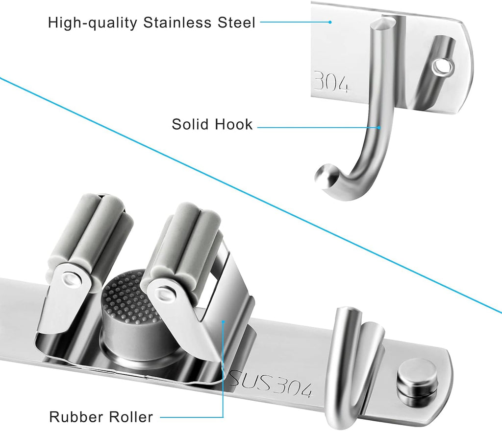 Skiennix Broom and Mop Holder - Wall Mounted Storage Rack with 2 Racks & 3 Hooks - Heavy Duty Stainless Steel